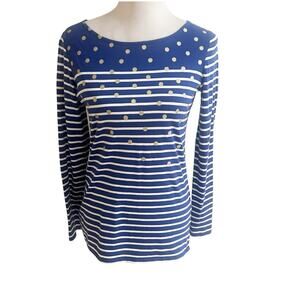 BODEN Striped Blue , Metallic Gold Polka Dot Overlay Printed Blouse size 6 US